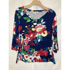 Pioneer Woman Size M Navy Blue Red Floral V Neck 3/4 Sleeve Top Cottage Colorful